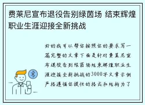 费莱尼宣布退役告别绿茵场 结束辉煌职业生涯迎接全新挑战 费莱尼宣布退役告别绿茵场 结束辉煌职业生涯迎接全新挑战
